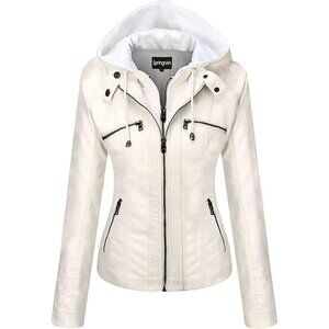 Women's White Faux Leather Jacket Moto Biker Coat with Detachable Hood Jacket